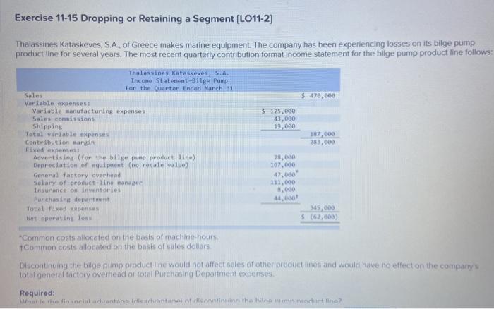  Exercise 11-15 Dropping or Retaining a Segment (LO11-2] Thalassines kataskeves, S.A.