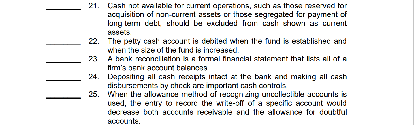  21. 22. 23. Cash not available for current operations, such as