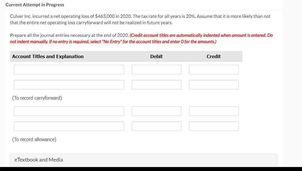 Current Attempt in Progress Culver Inc. incurred a net operating loss