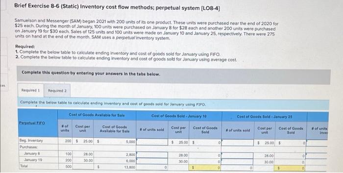  es Brief Exercise 8-6 (Static) Inventory cost flow methods; perpetual system