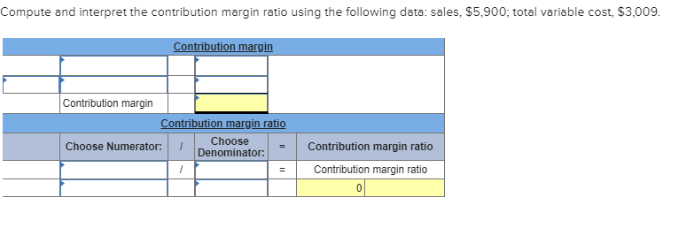 Compute and interpret the contribution margin ratio using the following data: