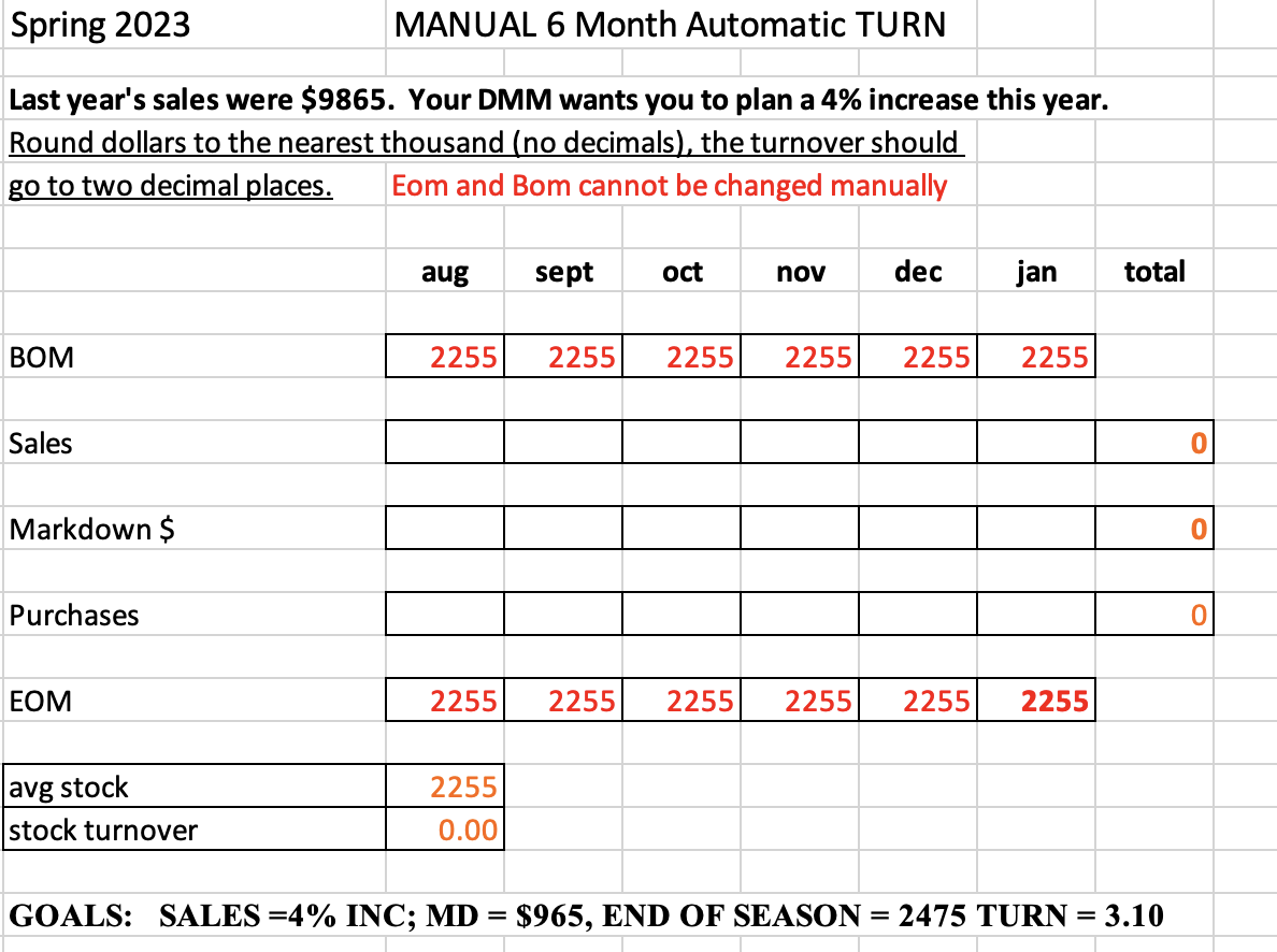  Complete the Chart on this MANUAL 6 Month Automatic TURN Last