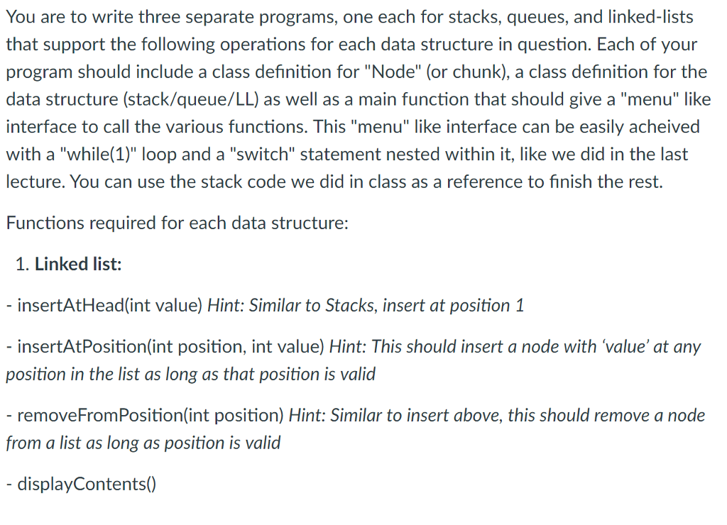 please complete the Linked List data structure in C++ You are to