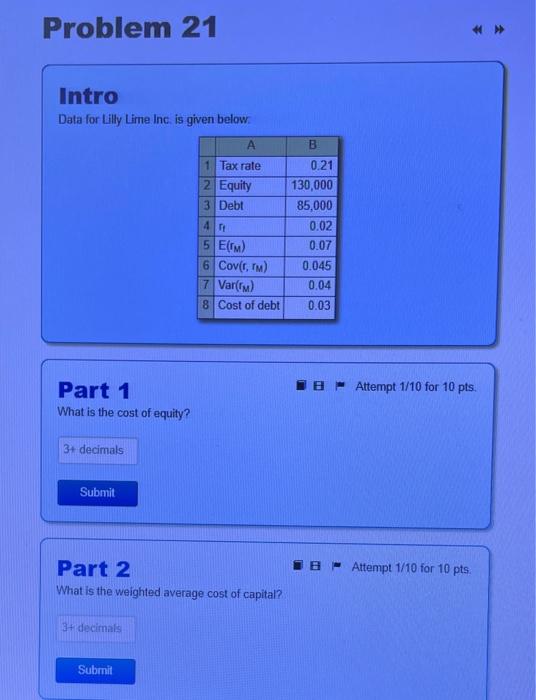  Problem 21 Intro Data for Lilly Lime Inc is given below