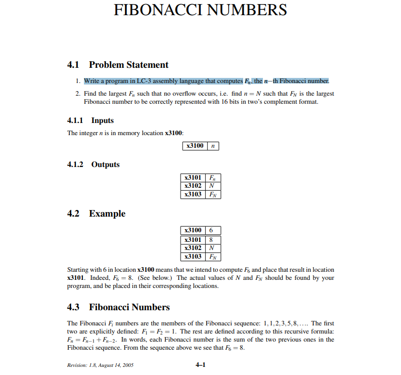 1. Write a program in LC-3 assembly language that computes Fn, the