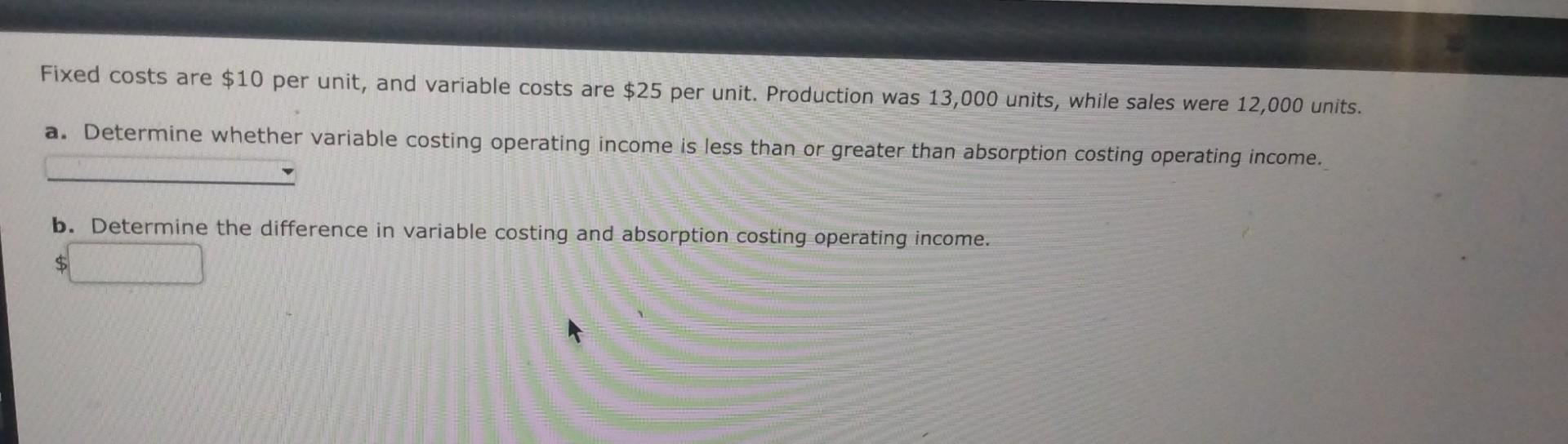Fixed costs are $10 per unit, and variable costs are $25