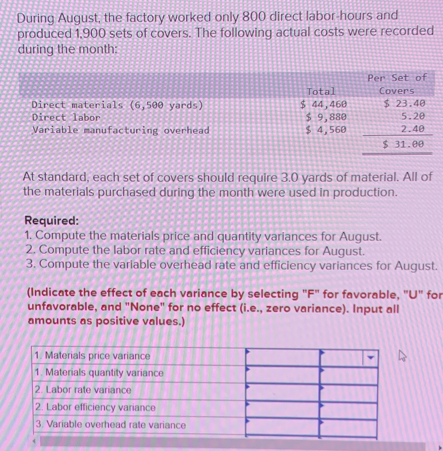  During August, the factory worked only 800 direct labor-hours and produced