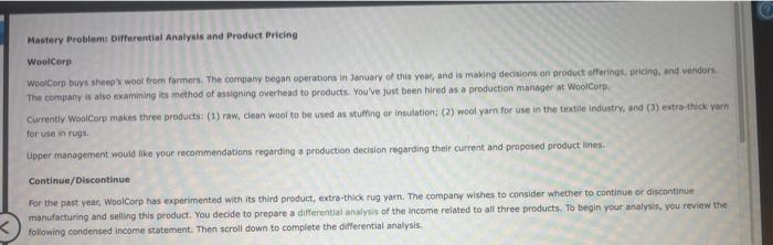  Mastery Problem Duferential Analysis and Product Prieing Wootcere WoolCorp buyk sheep's