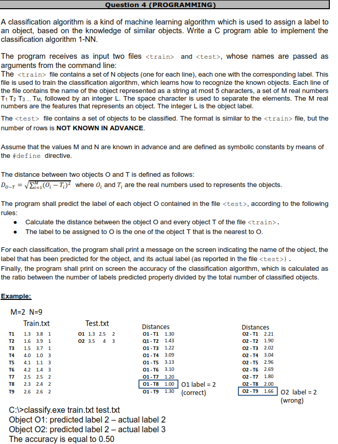 uestion 4 (PROGRAMMING A classification algorithm is a kind of machine