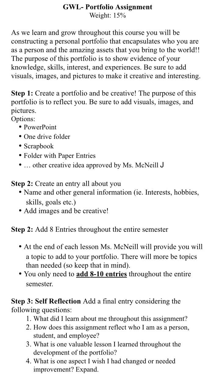  GWL- Portfolio Assignment Weight: 15% As we learn and grow throughout