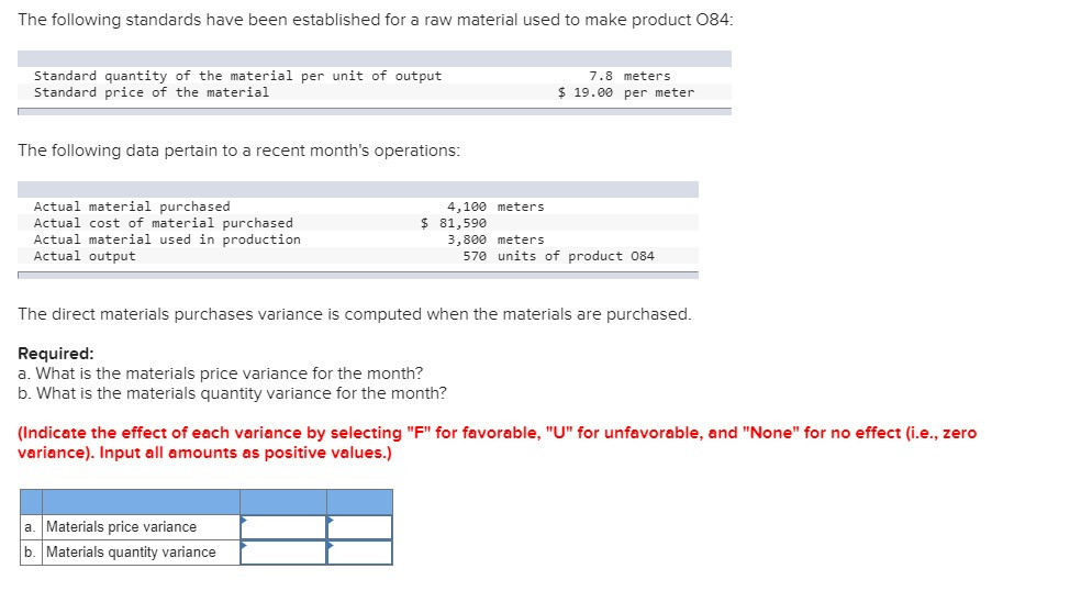The following standards have been established for a raw material used