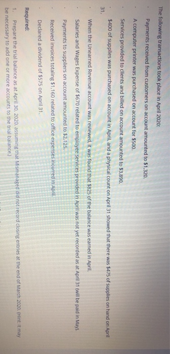 is a trial balance from Mismanaged Ltd. on March 31, 2020 is