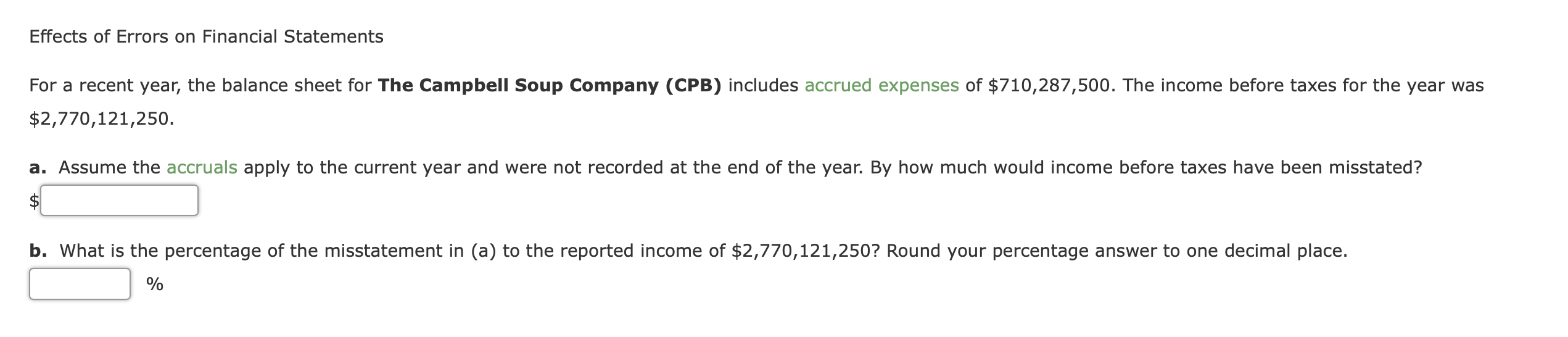 Effects of Errors on Financial Statements For a recent year, the