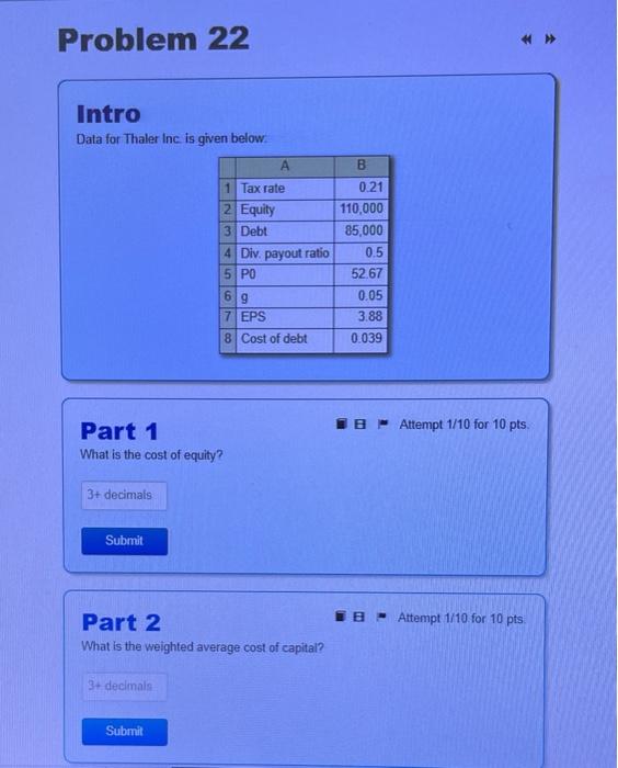  Problem 22 Intro Data for Thaler Inc. is given below. A
