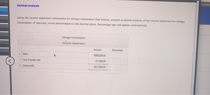  Sultan Vertical analysis Using the income statement information for Omega Corporation