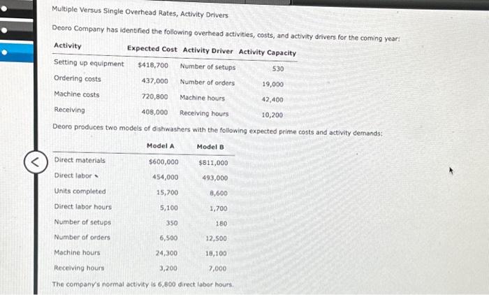  Multiple Versus Single Overhead Rates, Activity Drivers Deoro Company has identified