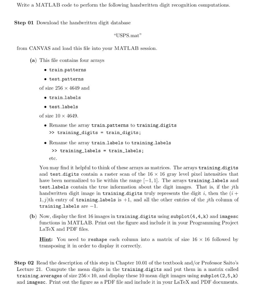  Write a MATLAB code to perform the following handwritten digit recognition