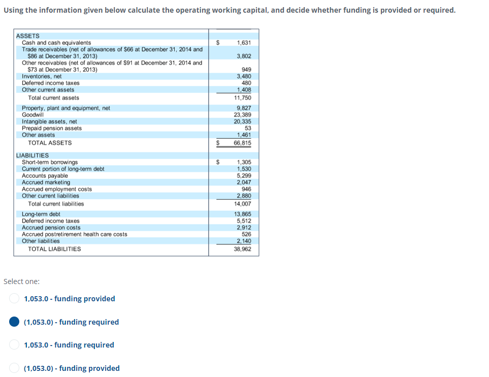  Using the information given below calculate the operating working capital, and