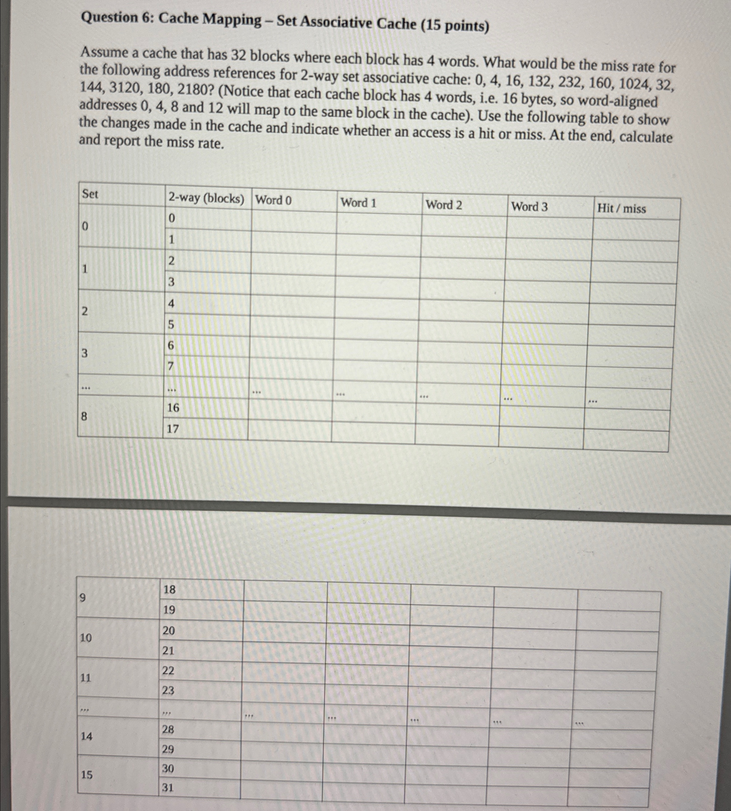  Question 6: Cache Mapping - Set Associative Cache (15 points) Assume