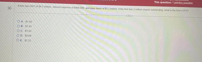 A. $1.00 B. $1.45. C. $165 D. $0.69 E $225