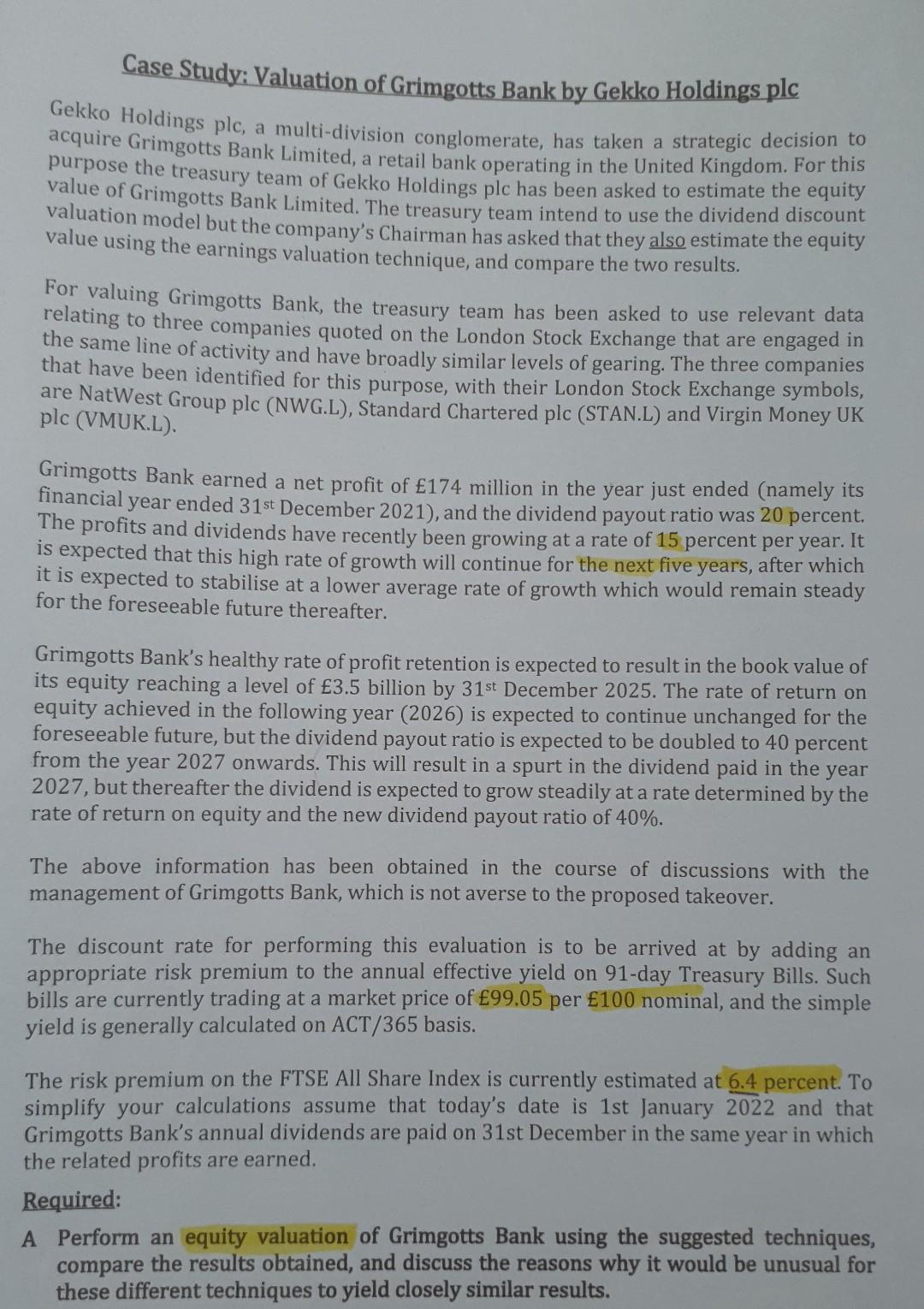  Case Study: Valuation of Grimgotts Bank by Gekko Holdings plc Gekko