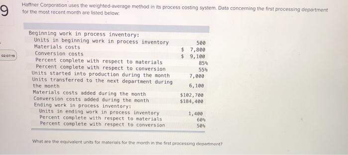  9 Haffner Corporation uses the weighted average method in its process