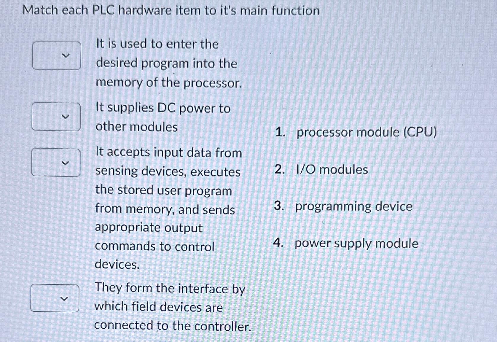  Match each PLC hardware item to it's main function It is