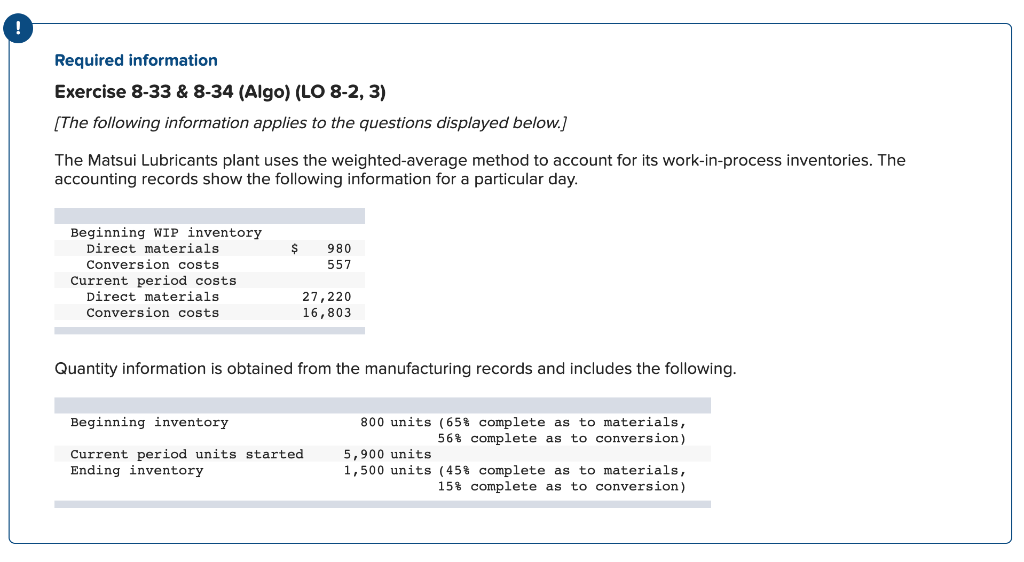  Required information Exercise 8-33 \& 8-34 (Algo) (LO 8-2, 3) [The