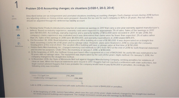  Problem 20-8 Accounting changes; six situations (LO20-1, 20-3, 20-4] Described below