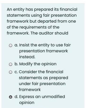  An entity has prepared its financial statements using fair presentation framework