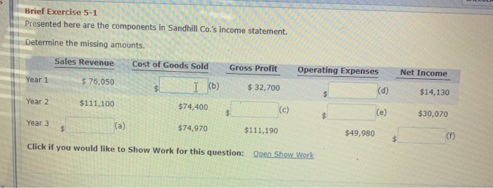  Brief Exercise 5-1 Presented here are the components in Sandhill Co.'s