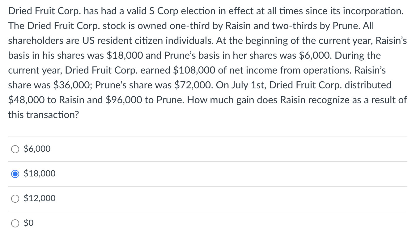 Question 7: Dried Fruit Corp. has had a valid S Corp
