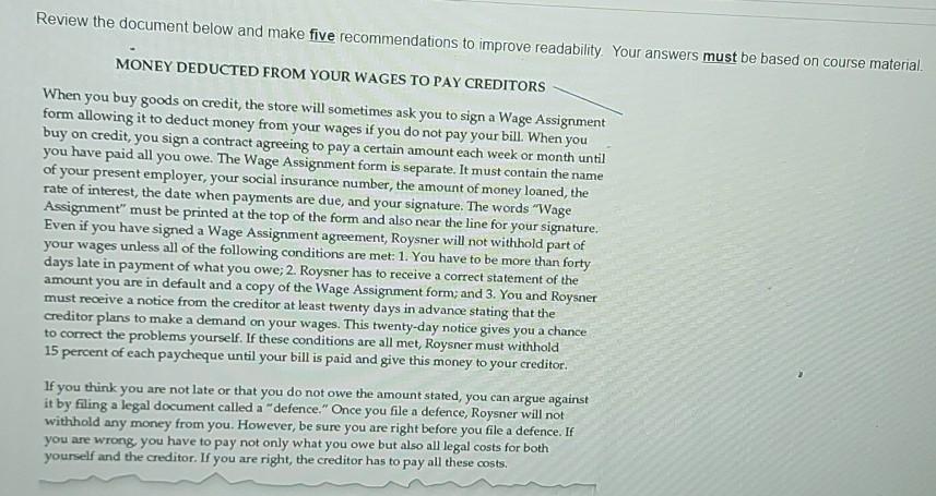  Review the document below and make five recommendations to improve readability.
