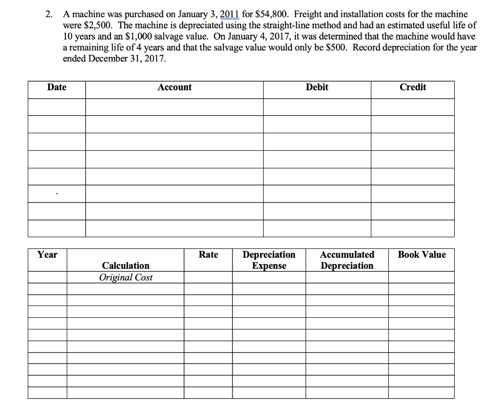  2. A machine was purchased on January 3, 2011 for $54,800.