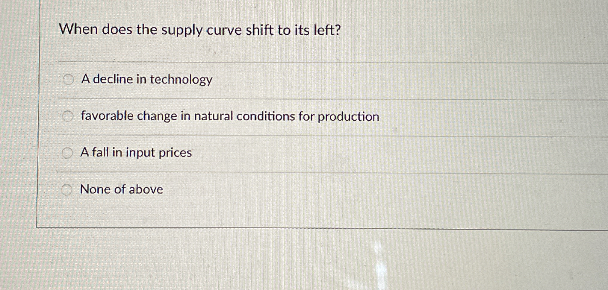  When does the supply curve shift to its left? A decline