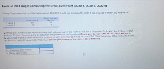 Please Help!! Exercise 20.4 (Algo) Computing the Break-Even Point (L020-4, LO20-5, LO206)