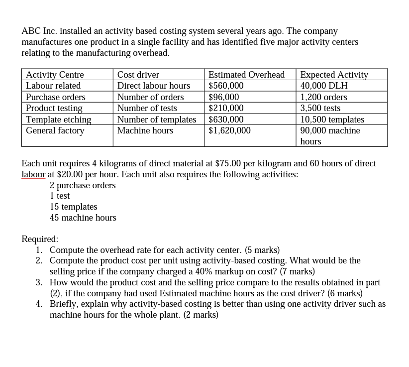  ABC Inc. installed an activity based costing system several years ago.