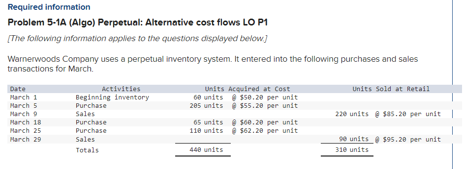  Problem 5-1A (Algo) Perpetual: Alternative cost flows LO P1 [The following