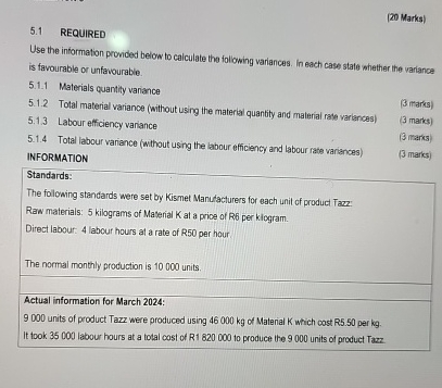  (20 Marks) 5.1 REQUIRED Use the information pronded below to calculate