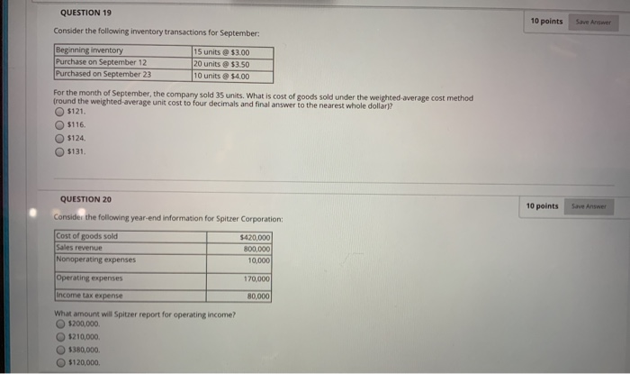  QUESTION 19 10 points Save Answer Consider the following inventory transactions