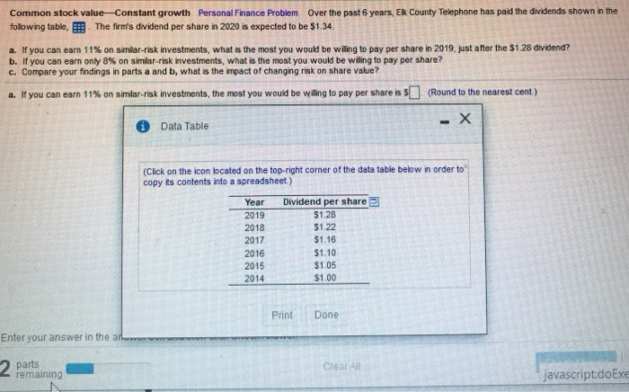 please answer all parts and round to the nearest cent Common stock
