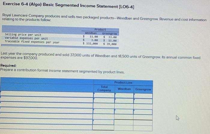  Exercise 6-4 (Algo) Basic Segmented Income Statement [LO6-4) Royal Lawncare Company