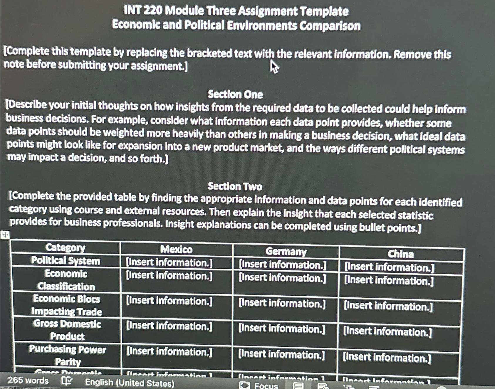  INT 220 Module Three Assignment Template Economic and Political Environments Comparison