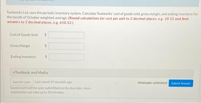 inventory transactions during the month of October. Units Cost/Unit Amount Oct. 1