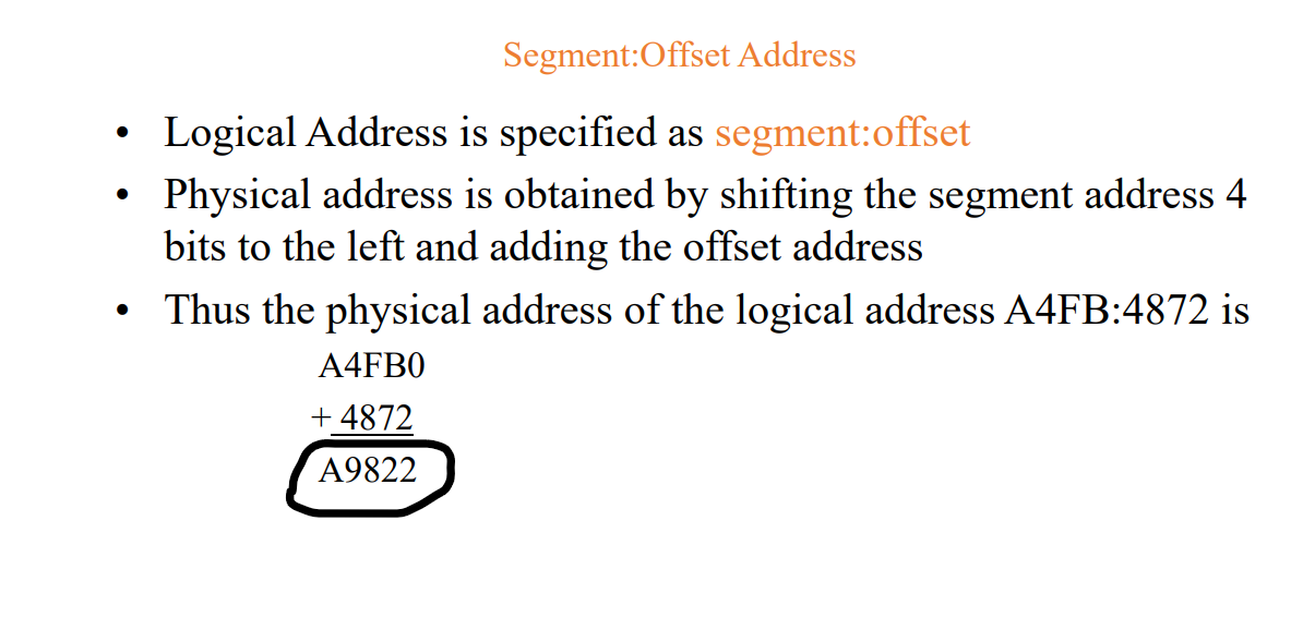  Segment:Offset Address Logical Address is specified as segment:offset Physical address is