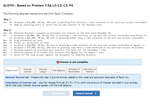  GL0701 - Based on Problem 7-5A LO C2, C3, P4 The