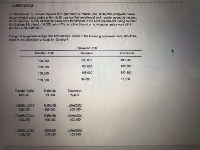  QUESTION 25 On September 30, work-in-process for Department A totaled 9,000