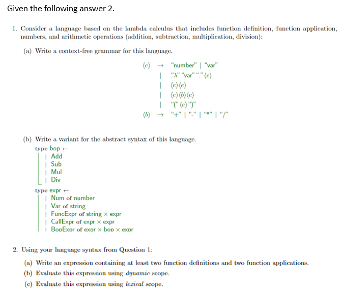  Given the following answer 2. 1. Consider a language based on