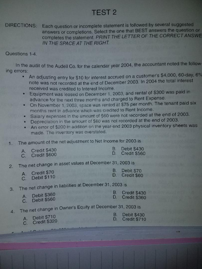 Please show work TEST 2 DIRECTIONS: Each question or incomplete statement is