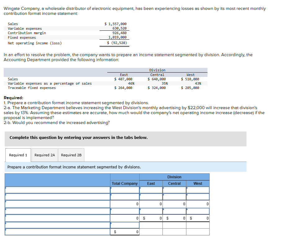  Required: 1. Prepare a contribution format income statement segmented by divisions.